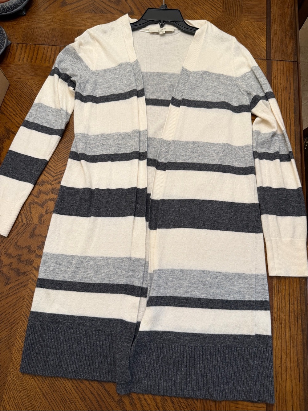 LOFT Cream, Light Gray & Charcoal Striped Long Cardigan